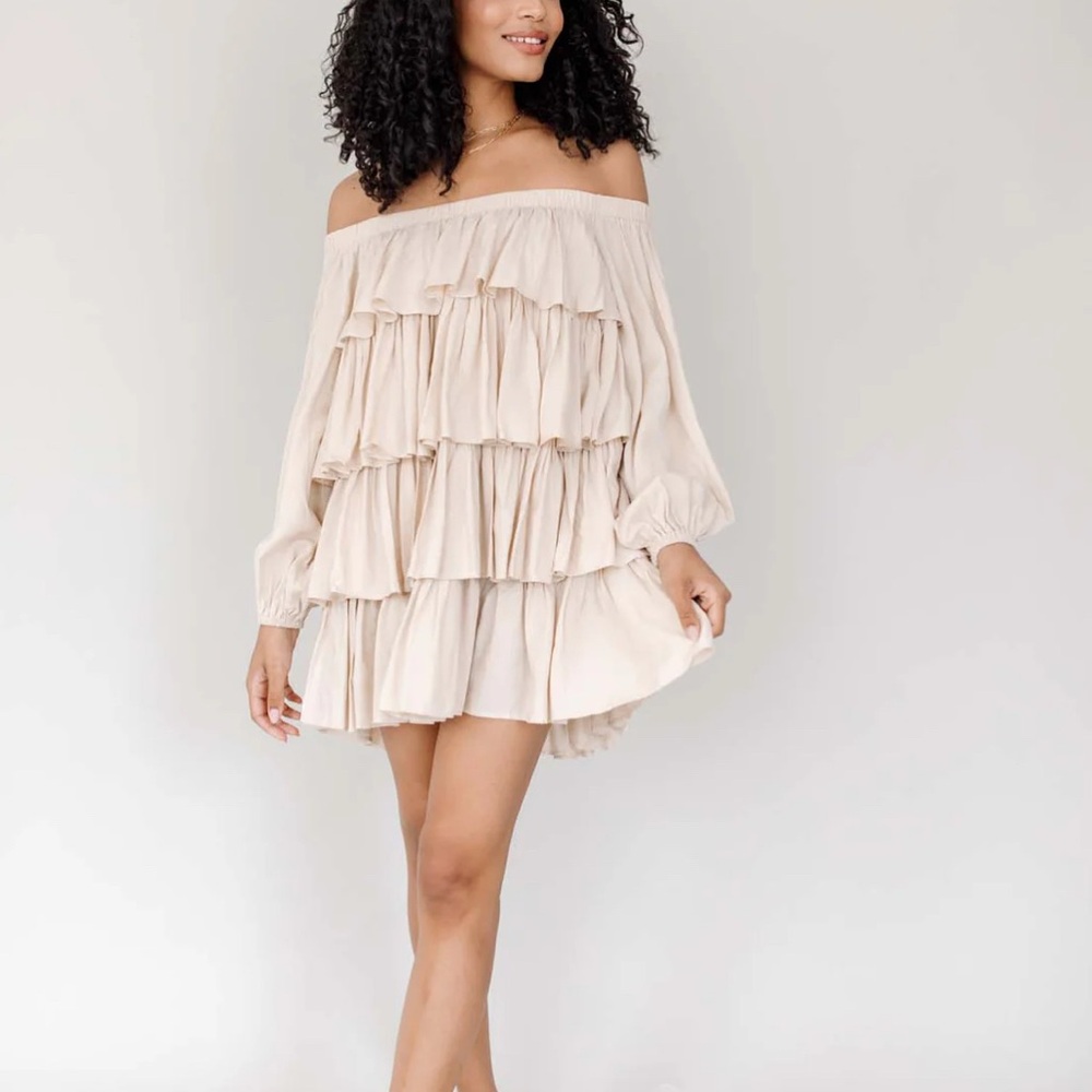 Chic Beige Ruffled Off-Shoulder Top - Picture 6 of 6